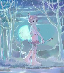 Rule 34 | 1girl, :&lt;, ahoge, backlighting, bare tree, boots, closed mouth, cloud, comet (character), comet (comet-san), cosmic baton girl comet-san, crescent moon, crown, dress, earrings, fireflies, full body, gloves, grass, hair ornament, holding, holding wand, jewelry, knee boots, looking afar, looking to the side, magical girl, moon, moonlight, necktie, night, night sky, outdoors, pink dress, pink hair, plant, pond, purple eyes, shore, short dress, sky, solo, standing, star (symbol), star earrings, star hair ornament, swept bangs, tareme, tree, wand, water, white gloves, yellow footwear, yoshizuki kumichi