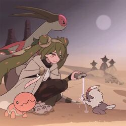 Rule 34 | 1girl, 6+others, animated, brown eyes, cacnea, cacturne, canteen, cloak, creatures (company), desert, double bun, drinking, evening, flygon, footprints, game freak, gen 3 pokemon, gen 5 pokemon, gloves, ground miku (project voltage), hair bun, hatsune miku, holding canteen, mikripkm, moon, multiple others, nintendo, pokemon, pokemon (creature), pouring, project voltage, rufflet, sand, single glove, smile, squatting, tagme, trapinch, twintails, video, vocaloid, water