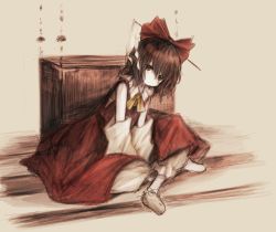 Rule 34 | 1girl, bow, brown eyes, brown hair, closed mouth, detached sleeves, dot mouth, expressionless, flat chest, hair bow, hakurei reimu, head tilt, medium hair, neck ribbon, nontraditional miko, red bow, red shirt, ribbon, shirt, sitting, sleeveless, sleeveless shirt, solo, tamarie amareto, touhou, white sleeves, yellow ribbon