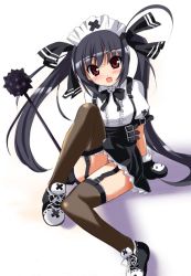 Rule 34 | 1girl, :d, black hair, garter belt, garter straps, gloves, hair ribbon, kooh, long hair, mace, maid, open mouth, pangya, red eyes, ribbon, shoes, smile, sneakers, solo, souryuu (double dragon), spiked mace, spikes, thighhighs, twintails, weapon