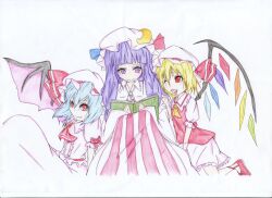 Rule 34 | 3girls, absurdres, ascot, bat wings, blonde hair, blue hair, blunt bangs, book, brooch, center frills, closed mouth, collared shirt, colored pencil (medium), crescent, crescent hat ornament, dress, flandre scarlet, frilled shirt, frilled shirt collar, frilled skirt, frilled sleeves, frills, hat, hat ornament, hat ribbon, highres, holding, holding book, jewelry, long dress, long hair, long sleeves, mary janes, medium hair, multicolored wings, multiple girls, no socks, one eye closed, open mouth, patchouli knowledge, pink headwear, pink skirt, puffy short sleeves, puffy sleeves, purple eyes, purple hair, reading, red ascot, red brooch, red eyes, red footwear, red ribbon, red vest, remilia scarlet, ribbon, shirt, shoes, short sleeves, simple background, skirt, striped clothes, striped dress, sudou-akira, touhou, traditional media, vest, white background, white headwear, white shirt, white skirt, wings, yellow ascot