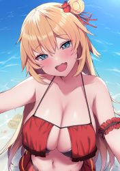 Rule 34 | 1girl, :d, akai haato, akai haato (hololive summer 2019), bare shoulders, beach, bikini, blonde hair, blue eyes, blush, breasts, cleavage, collarbone, day, hair between eyes, hair bun, hair ornament, halterneck, haruyuki (yukichasoba), heart, heart hair ornament, highres, hololive, large breasts, long hair, looking at viewer, navel, ocean, open mouth, outstretched arms, red bikini, single hair bun, single side bun, smile, solo, stomach, swimsuit, upper body, very long hair, virtual youtuber, water