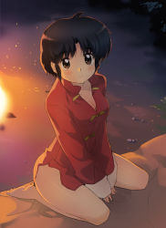 Rule 34 | 1girl, bare legs, barefoot, between thighs, black hair, blush, bottomless, breasts, brown eyes, campfire, cleavage, fire, full body, mimi (ranma3049), no pants, ranma3049, ranma 1/2, red shirt, shirt, short hair, sitting, sleeves past wrists, small breasts, solo, tendou akane, thighs, v arms, wariza
