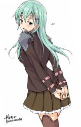 Rule 34 | 10s, 1girl, :d, arms behind back, blazer, blue hair, blush, brown legwear, cowboy shot, green eyes, hair ornament, hairclip, jacket, kantai collection, long hair, looking at viewer, one-hour drawing challenge, open mouth, pleated skirt, saemon (tonpura), school uniform, skirt, smile, solo, suzuya (kancolle), twitter username, upper body, white background