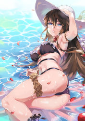 Rule 34 | 1girl, absurdres, armpits, ass, bikini, black bikini, blue eyes, breasts, brown hair, caesar salad, flower, granblue fantasy, hair between eyes, hair flower, hair ornament, hand on headwear, hat, highres, large breasts, long hair, looking at viewer, lying, nail polish, on side, parted lips, petals, red flower, red rose, rose, rosetta (granblue fantasy), rosetta (summer) (granblue fantasy), solo, sun hat, swimsuit, thigh strap, thighs, very long hair, water, wet, white hat