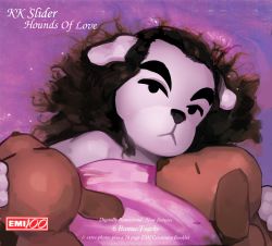 Rule 34 | 1boy, 2others, :&lt;, album cover, animal crossing, animal ears, bed sheet, brown hair, commentary, commission, cover, dog ears, english commentary, english text, fake cover, highres, impforhire, k.k. slider (animal crossing), long hair, looking at viewer, messy hair, multiple others, naked sheet, nintendo, no pupils, solo focus, thick eyebrows, third-party edit