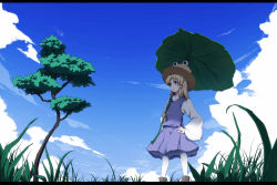 Rule 34 | 1girl, blonde hair, boots, cloud, day, grass, hand on own hip, hat, leaf, leaf umbrella, letterboxed, long hair, looking away, moriya suwako, nejime, open mouth, pyonta, skirt, skirt set, sky, thighhighs, touhou, tree, turtleneck, vest, white thighhighs, wide sleeves, yellow eyes