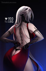 Rule 34 | 1girl, arlecchino (genshin impact), ass, backless dress, backless outfit, bare back, bare shoulders, black background, blue background, butt crack, commentary request, cowboy shot, dress, genshin impact, gradient background, grey hair, highres, red dress, solo, standing, tomatolacoon