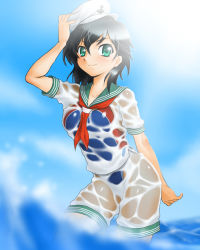 Rule 34 | 1girl, black hair, competition swimsuit, female focus, green eyes, hat, murasa minamitsu, one-piece swimsuit, onsoku inu, outdoors, sailor, sailor collar, sailor hat, see-through, short hair, sky, solo, swimsuit, swimsuit under clothes, touhou, wet