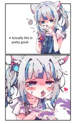 Rule 34 | 1girl, 2koma, ahegao, animal ears, blue eyes, blue hair, blunt bangs, blush, cat ears, comic, commentary, cube hair ornament, cup, disposable cup, drinking straw, empty eyes, english commentary, english text, frilled sleeves, frills, gawr gura, gawr gura (casual), grey hair, grimace shake (meme), hair ornament, hands up, heart, heart-shaped pupils, highres, holding, holding cup, hololive, hololive english, kemonomimi mode, koyoinacho, medium hair, meme, milkshake, multicolored hair, nose blush, official alternate costume, open mouth, purple liquid, shaded face, shark girl, shirt, short sleeves, side ponytail, sidelocks, simple background, smile, streaked hair, suspenders, symbol-shaped pupils, triangle mouth, upper body, virtual youtuber, white background, white shirt