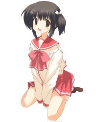 Rule 34 | 1girl, 2000s (style), :d, between legs, black hair, bow, bowtie, brown eyes, brown footwear, cosgaso, full body, hand between legs, highres, long sleeves, looking at viewer, open mouth, pink bow, pink bowtie, pink sailor collar, pink skirt, sailor collar, school uniform, serafuku, short hair, simple background, sitting, skirt, smile, solo, to heart (series), to heart 2, wariza, white background, white serafuku, yuzuhara konomi