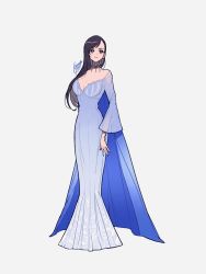 Rule 34 | 1girl, bad id, bad twitter id, black hair, blue cape, blue dress, breasts, brown eyes, cape, choker, cleavage, dress, earrings, final fantasy, final fantasy vii, full body, highres, jewelry, kisaragi yuu (fallen sky), large breasts, long hair, long sleeves, nail polish, signature, simple background, smile, solo, standing, tifa lockhart, white background, wide sleeves