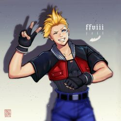 Rule 34 | 1boy, belt, black belt, black gloves, black jacket, blonde hair, blue eyes, blue shorts, character name, clenched hand, cowboy shot, dated, facial tattoo, feathers, final fantasy, final fantasy viii, fingerless gloves, fumezu1, gloves, gradient background, grin, highres, jacket, male focus, one eye closed, short hair, short sleeves, shorts, signature, smile, solo, spiked hair, tattoo, teeth, v, white feathers, zell dincht
