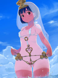 Rule 34 | 1girl, 2equal8, bikini, black eyes, blue hair, blush, breasts, bridal veil, censored, cloud, covered erect nipples, day, dilation belt, dilation insertion, female focus, gold, headdress, heart, heart-shaped pupils, highres, looking at viewer, micro bikini, mosaic censoring, navel, one-piece tan, original, outdoors, pointless censoring, presenting, pussy, pussy juice, see-through, short hair, sky, small breasts, smile, solo, spread pussy, sweat, swimsuit, symbol-shaped pupils, tan, tanline, tiara, urethra, veil, wading, water