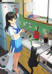 1girl asuka_gin barefoot black_cat black_hair blue_neckerchief blue_skirt bottle bowl brown_eyes cat chopsticks full_body highres holding holding_chopsticks indoors kitchen knife long_hair neckerchief original pleated_skirt refrigerator sailor_collar school_uniform scissors serafuku shirt sink skirt spring_onion standing white_cat white_sailor_collar white_shirt