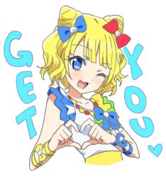 Rule 34 | 1girl, :3, ;d, blonde hair, blue bow, blue eyes, blush, bow, commentary, cone hair bun, curly hair, dolldolldd, double bun, hair bow, hair bun, heart, heart hands, highres, looking at viewer, minami mirei, one eye closed, open mouth, pretty series, pripara, red bow, short hair, simple background, sleeveless, smile, solo, symbol-only commentary, upper body, white background