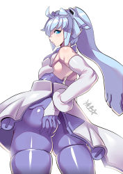 Rule 34 | 1girl, ahoge, armor, ass, ass grab, blue eyes, bracelet, breasts, deep skin, detached sleeves, faulds, from behind, gloves, grabbing own ass, grey sleeves, gundam, gundam build divers, hand on own ass, headgear, highres, jewelry, mecha musume, mobile doll sara, pantyhose, purple gloves, purple thighhighs, ryuusei (mark ii), sara (gundam build divers), silver hair, small breasts, solo, thick thighs, thighhighs, thighs