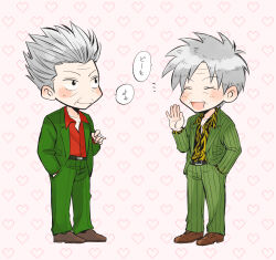 Rule 34 | 2boys, akagi shigeru, animal print, black eyes, cigarette, closed eyes, closed mouth, collared shirt, commentary request, formal, fukumoto mahjong, full body, gin to kin, green jacket, green pants, grey hair, hair slicked back, hand in pocket, heart, heart background, highres, hirai ginji, holding, holding cigarette, jacket, looking at another, male focus, medium bangs, multiple boys, old, old man, open mouth, pants, pointy hair, print shirt, shirt, short hair, smile, standing, striped clothes, striped jacket, suit, ten (manga), tiger print, vertical-striped clothes, vertical-striped jacket, waving, wrinkled skin, y (yism)