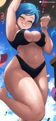 Rule 34 | 1girl, absurdres, bikini, birthday, black bikini, blue hair, blue sky, blush, breasts, bulma, celebration, clenched hand, commentary, cowboy shot, curvy, dragon ball, dragon ball super, echo saber, english commentary, happy birthday, highres, jewelry, large breasts, lipstick, makeup, short hair, sideboob, sky, smile, solo, swimsuit, thick thighs, thighs, wide hips