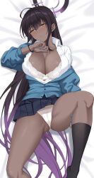Rule 34 | 1girl, black hair, black socks, blue archive, blue nails, blue skirt, blush, bra, breasts, cleavage, closed mouth, collared shirt, gradient hair, halo, highres, karin (blue archive), kneehighs, large breasts, long hair, long sleeves, lying, multicolored hair, nail polish, on back, panties, pleated skirt, purple hair, purple halo, shirt, skirt, socks, solo, terry (pixiv3274443), thighs, underwear, white bra, white panties, white shirt, yellow eyes
