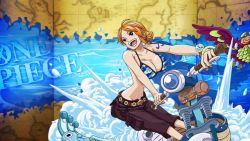 Rule 34 | 1girl, bent over, bird, breasts, cleavage, cloud, female focus, fish, large breasts, nami (one piece), navel, ocean, one piece, orange hair, outdoors, sky island, solo, standing, tagme, tattoo, water
