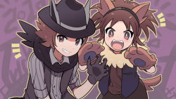 Rule 34 | 2boys, animal ears, animal hands, black headwear, blush, brown eyes, brown hair, buttons, cocoloco, collared shirt, commentary, creatures (company), game freak, gloves, hairband, hands up, hat, hilbert (fall 2020) (pokemon), hilbert (pokemon), looking at viewer, male focus, multiple boys, nate (pokemon), nintendo, notice lines, official alternate costume, outline, paw gloves, pokemon, pokemon bw2, pokemon ears, pokemon masters ex, pokemon tail, shirt, smile, symbol-only commentary, tail, teeth, vest