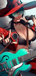 Rule 34 | 1girl, absurdres, arc system works, black bra, black hair, blue eyes, bob cut, bra, breasts, choker, cleavage, electric guitar, fingerless gloves, glasses, gloves, green-tinted eyewear, green-tinted glasses, guilty gear, guilty gear strive, guitar, hand gesture, hat, highres, i-no, instrument, large breasts, lipstick, looking at viewer, makeup, midriff, no shirt, pants, red hat, red lips, red pants, red vest, short hair, smile, sokuse kienta, solo, sunglasses, tinted eyewear, underwear, vest, witch hat