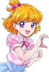 Rule 34 | 1girl, :d, asahina mirai, blonde hair, blue skirt, blush, bow, collared shirt, dress shirt, hair bow, heart, heart hands, high-waist skirt, highres, looking at viewer, mahou girls precure!, medium hair, neck ribbon, open mouth, pink ribbon, plaid sleeves, precure, purple eyes, red bow, ribbon, sharumon, shirt, short sleeves, simple background, skirt, smile, solo, standing, white background, wing collar