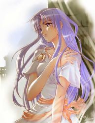 Rule 34 | 1girl, ancient ys vanished, artist name, blue hair, falcom, feena (ys), floating hair, jewelry, light smile, long hair, looking afar, necklace, parted bangs, parted lips, pendant, purple eyes, purple hair, short sleeves, solo, wide sleeves, xiacheng tatsuya, ys