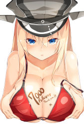 Rule 34 | 10s, 1girl, bare shoulders, bikini, bismarck (kancolle), blonde hair, blue eyes, blush, body writing, breast hold, breasts, cleavage, collarbone, commentary request, milestone celebration, hat, milestone celebration, kantai collection, large breasts, long hair, looking at viewer, meth (emethmeth), military hat, peaked cap, red bikini, solo, swimsuit, upper body