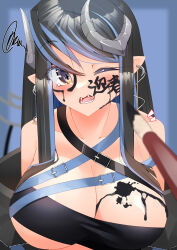 Rule 34 | 1girl, absurdres, bandeau, belt, black bandeau, black belt, black hair, blue background, blue belt, blue hair, blurry, blurry background, blush, body writing, breasts, brown eyes, chest belt, collarbone, commentary request, curled horns, demon girl, demon horns, earrings, facepaint, fangs, grey horns, hair between eyes, hebiyoi tier, hebiyoi tier (1st costume), highres, horns, ink, jewelry, large breasts, long hair, looking at viewer, medium bangs, multicolored hair, nanashi inc., one eye closed, open mouth, paintbrush, pointy ears, sidelocks, solo, squiggle, translation request, two-tone hair, upper body, usami (zanzanzaczac), virtual youtuber