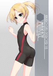 Rule 34 | 1girl, alternate costume, artist name, ass, black bodysuit, black one-piece swimsuit, black wetsuit, blonde hair, blush, bodysuit, character name, checkered background, commentary request, cowboy shot, diving suit, eyes visible through hair, flat chest, from side, gluteal fold, gradient background, green eyes, hair intakes, highres, inaba shiki, kantai collection, long hair, looking at viewer, maikaze (kancolle), one-hour drawing challenge, one-piece swimsuit, parted bangs, ponytail, simple background, single hair intake, sleeveless, smile, solo, striped clothes, striped one-piece swimsuit, swimsuit, turtleneck, vertical-striped clothes, vertical-striped one-piece swimsuit, wetsuit