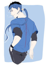 Rule 34 | 1boy, alternate costume, back, beads, blue hair, closed mouth, contemporary, cu chulainn (fate), earrings, fate/stay night, fate (series), from behind, grin, hair beads, hair ornament, hand in pocket, jewelry, cu chulainn (fate/stay night), layered shirt, layered sleeves, long hair, looking at viewer, looking back, male focus, pants, ponytail, red eyes, shirt, smile, smoke, smoking, solo, spiked hair, t-shirt, type-moon, watch, yanaki (ynyaan 3)