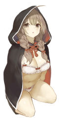 Rule 34 | 1girl, absurdres, ahoge, bad anatomy, bad arm, bad leg, bad perspective, black capelet, black footwear, blush, boots, bra, braid, breasts, brown eyes, brown hair, capelet, goekawa, hair ribbon, highres, hood, hooded capelet, kantai collection, large breasts, long hair, navel, open mouth, red ribbon, ribbon, shinshuu maru (kancolle), simple background, solo, twin braids, underwear, white background, white bra