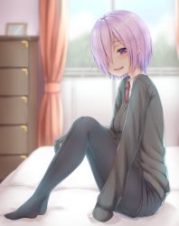 Rule 34 | 1girl, alternate costume, black pantyhose, black sweater, blurry, blush, curtains, day, depth of field, fang, fate/grand order, fate (series), from side, hair over one eye, highres, indoors, knees up, looking at viewer, mash kyrielight, necktie, no shoes, on bed, open mouth, pantyhose, purple eyes, purple hair, red necktie, reinama, room, short hair, shorts, sitting, solo, sweater, window, wing collar