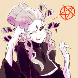 Rule 34 | 1girl, black sclera, colored sclera, colored skin, facial mark, forehead mark, highres, iesupa, one eye closed, pentagram, red eyes, rwby, salem (rwby), smile, solo, tongue, tongue out, white hair, white skin
