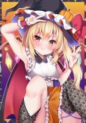 Rule 34 | 1girl, armpits, blonde hair, bracelet, cape, crystal, fang, fang out, flandre scarlet, frilled hat, frills, halloween, hat, highres, jewelry, multicolored wings, one side up, red eyes, ribbon, shirotsuki shirone, thighhighs, touhou, v, wings, witch hat
