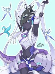 Rule 34 | 1girl, armor, armored dress, armpits, arms behind back, arms up, artist name, artist request, blue eyes, bodysuit, breasts, bug, butterfly, dragon girl, dragon tail, female focus, full body, full body suit, helmet, highres, insect, long hair, looking at viewer, medium breasts, purple skirt, skirt, stretching, swordsoul of mo ye, tail, thick thighs, thighhighs, thighs, white hair, yu-gi-oh!
