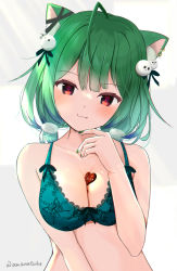 Rule 34 | 1girl, :3, ahoge, alternate breast size, animal ear fluff, animal ears, artist request, between breasts, bra, breasts, cat ears, cat girl, cleavage, collarbone, colored tips, green hair, green nails, hair ornament, hand on own chin, highres, hololive, looking at viewer, medium breasts, medium hair, multicolored hair, nail polish, red eyes, solo, twintails, underwear, upper body, uruha rushia, virtual youtuber