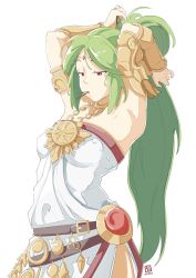 Rule 34 | 1girl, arm armor, armband, armor, automatic giraffe, belt, breasts, brown eyes, dress, fixing hair, green hair, hair ornament, hairclip, jewelry, kid icarus, kid icarus uprising, long hair, mouth hold, necklace, nintendo, palutena, shoulder armor, white dress