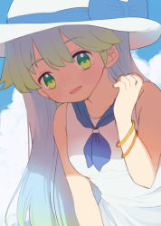 Rule 34 | 1girl, ascot, bad id, bad pixiv id, blue hair, bracelet, dress, eve ainsworth, gradient hair, great kichi, green eyes, green hair, hat, jewelry, long hair, looking at viewer, multicolored hair, open mouth, pop-up story, shade, solo, sun hat, sundress, white dress