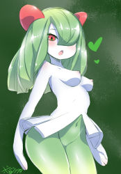 Rule 34 | 1girl, bad id, bad pixiv id, blush, born-to-die, bottomless, breasts, creatures (company), covered erect nipples, eyelashes, game freak, gen 3 pokemon, green hair, hair ornament, hair over one eye, heart, heart-shaped pupils, highres, kirlia, long hair, looking at viewer, navel, nintendo, nipples, open mouth, pokemon, pokemon (creature), red eyes, signature, small breasts, solo, standing, symbol-shaped pupils, tongue