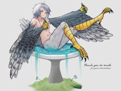 Rule 34 | 1girl, absurdres, animal hands, bird bath, bird legs, bird tail, blush, bottle, breasts, claws, grey feathers, grey hair, harpy, highres, holding, holding bottle, indie virtual youtuber, julionugroho35, looking at viewer, monster girl, navel, nude, second-party source, small breasts, solo, tail, talons, valk (devalk), virtual youtuber, water, winged arms, wings, yellow eyes