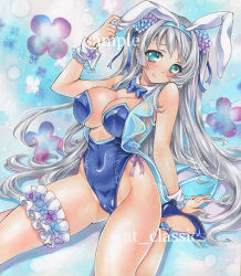 Rule 34 | 1girl, animal ears, aqua eyes, arm up, artist name, at classics, blue bow, blue bowtie, blue leotard, blush, bow, bowtie, breasts, bridal garter, closed mouth, covered erect nipples, covered navel, detached collar, fake animal ears, flower, groin, hair flower, hair ornament, high heels, large breasts, leotard, long hair, looking at viewer, original, playboy bunny, rabbit ears, sample watermark, sidelocks, silver hair, sitting, smile, solo, traditional media, very long hair, wariza, watermark, wrist cuffs