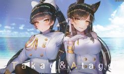Rule 34 | 2girls, animal ears, arm support, ass, atago (azur lane), azur lane, bad id, bad twitter id, black hair, black legwear, blue sky, blush, bow, breasts, brown eyes, buttons, character name, closed mouth, cloud, commentary, day, double-breasted, epaulettes, fang, fox ears, gloves, hair bow, hair ornament, hair over shoulder, hair ribbon, half-closed eyes, hanato (seonoaiko), hand on own chest, head tilt, high collar, highres, holding, holding sword, holding weapon, jacket, katana, lace, lace-trimmed legwear, lace trim, large breasts, light particles, long hair, looking at viewer, makeup, military, military uniform, miniskirt, mole, mole under eye, multiple girls, ocean, pantyhose, parted lips, pencil skirt, ponytail, ribbon, sheath, sheathed, sitting, sitting on water, skirt, sky, smile, sparkle, static, swept bangs, sword, takao (azur lane), thighhighs, thighs, twisted torso, twitter username, uniform, very long hair, water, water drop, weapon, wet, white bow, white gloves, white jacket, white ribbon, white skirt, yokozuwari