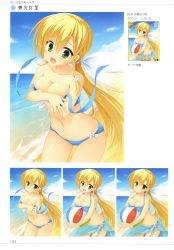 Rule 34 | 1girl, absurdres, ball, bare shoulders, beach, beachball, bikini, blonde hair, blue bikini, braid, breasts, cleavage, collarbone, covering privates, covering breasts, day, green eyes, groin, hair ornament, hair ribbon, highres, holding, kanemoto akari, kobuichi, long hair, looking at viewer, medium breasts, multiple views, navel, noble works, open mouth, outdoors, ribbon, sarong, swimsuit, translation request, untied bikini, variations, very long hair, white ribbon
