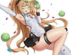 Rule 34 | 1girl, ;d, absurdres, armpits, azur lane, bache (azur lane), bache (showy sports star) (azur lane), ball, bare shoulders, blonde hair, breasts, cleavage cutout, clothing cutout, covered navel, detached sleeves, fang, goggles, green-tinted eyewear, green-tinted glasses, green eyes, hand up, heart cutout, highres, holding, leotard, long hair, looking at viewer, one eye closed, open mouth, outstretched arm, ponytail, qianqiu wanxia, side cutout, simple background, single thighhigh, skindentation, small breasts, smile, solo, sunglasses, tennis ball, thigh strap, thighhighs, thighs, tinted eyewear, very long hair, visor, visor cap, white background, white leotard, white thighhighs