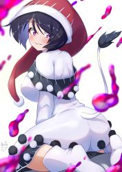 Rule 34 | 1girl, absurdres, ass, blue hair, breasts, doremy sweet, dream soul, dress, hat, highres, large breasts, nightcap, polyhedron2, pom pom (clothes), purple eyes, short hair, simple background, solo, tail, tapir tail, touhou, white background