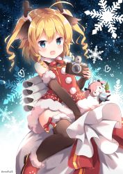 Rule 34 | &gt; o, 1girl, ahoge, animal ears, antlers, azur lane, black bow, black thighhighs, blonde hair, blue eyes, blush, boots, bow, bow legwear, camera, character doll, christmas, commentary request, deer ears, dress, drill hair, elbow gloves, fake facial hair, fake mustache, fur-trimmed boots, fur-trimmed dress, fur-trimmed gloves, fur-trimmed legwear, fur collar, fur trim, gloves, gridley (azur lane), gridley (christmas photoshoot) (azur lane), hair bow, heart, holly, horns, looking at viewer, machinery, neck ribbon, niwasane (saneatsu03), one eye closed, pink hair, pom pom (clothes), red dress, red footwear, red ribbon, reindeer antlers, ribbon, rigging, sack, santa costume, saratoga (azur lane), sitting, sitting on object, sleeveless, snowflake background, solo, thighhighs, twintails, twitter username, two side up