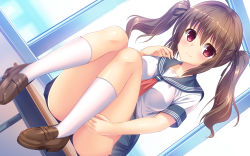 Rule 34 | 1girl, backlighting, black ribbon, blue sailor collar, blue skirt, blurry, blurry background, blush, breasts, brown footwear, brown hair, closed mouth, commentary request, convenient leg, depth of field, fingernails, hair between eyes, hair ribbon, hand up, highres, kneehighs, loafers, medium breasts, neckerchief, original, pleated skirt, red eyes, red neckerchief, ribbon, sailor collar, school uniform, serafuku, shirt, shoes, short sleeves, sidelocks, skirt, smile, socks, solo, twintails, umitonakai, white shirt, white socks, window